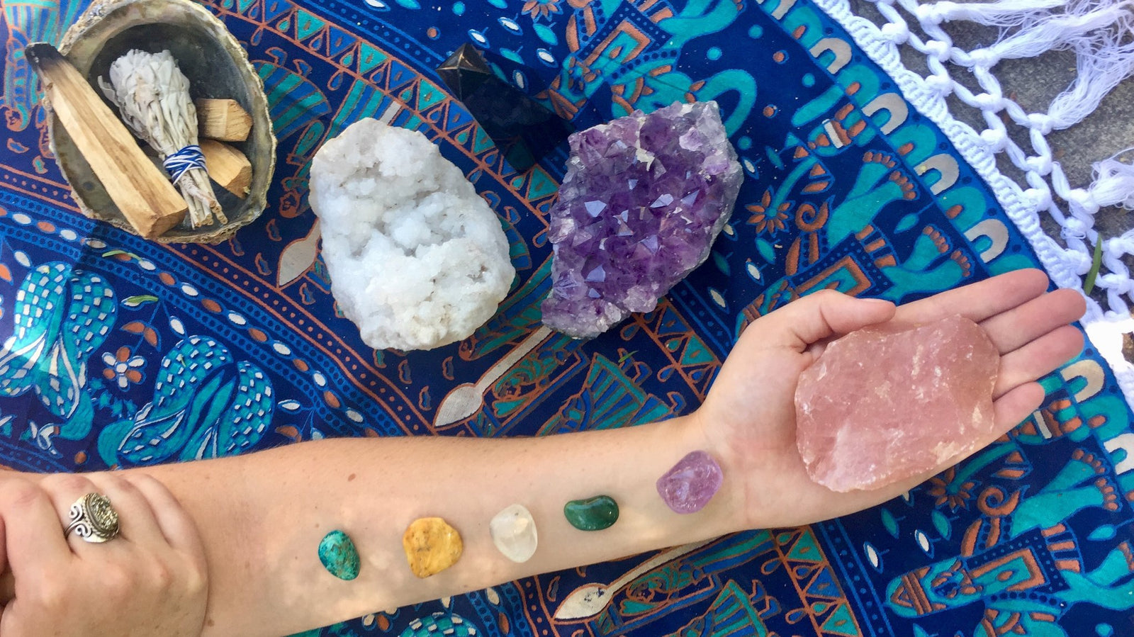 Sparkly rocks on mandala