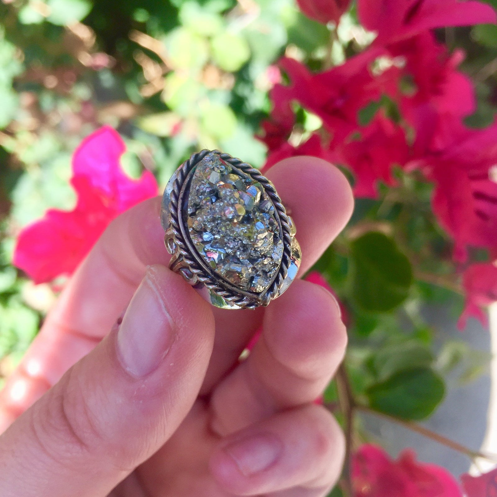 Pyrite Crystal Ring - Pointed Oval - Sparkle Rock Pop